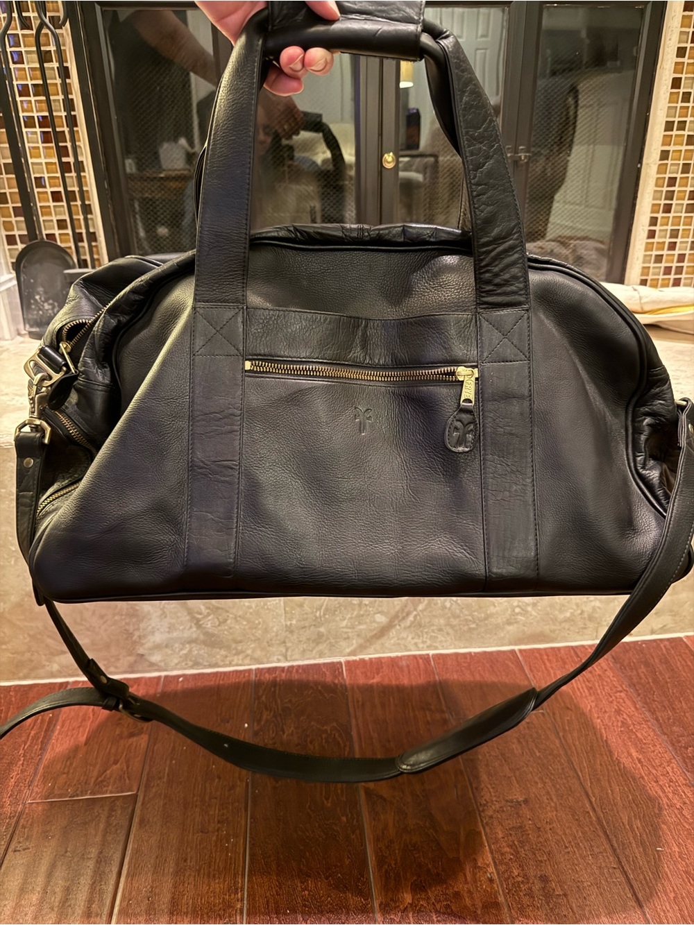 FRYE Black Leather Duffel Overnight Bag Brass Fittings